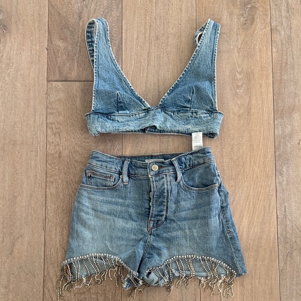 Denim Bralette and Fringe Shorts Set